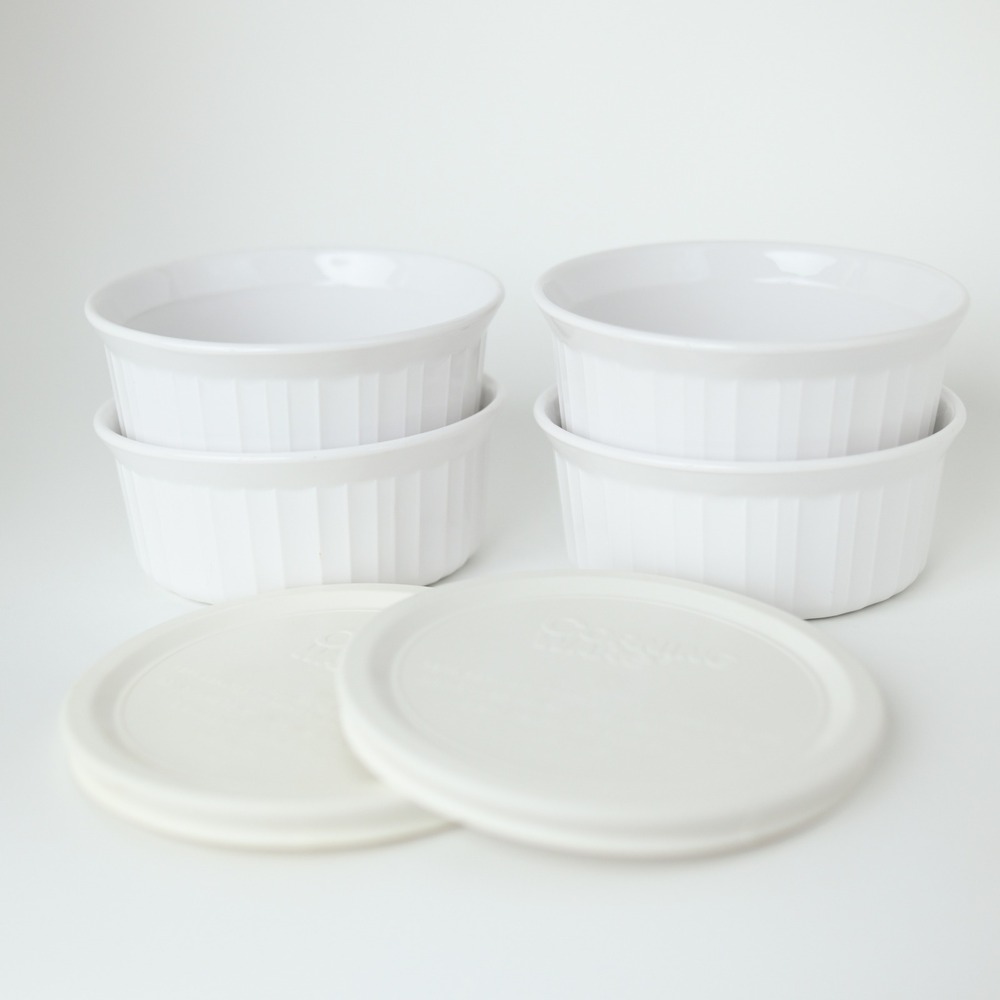 Lot of 4 Corning Ware French White F-16-B 500 ML Bowls w/ 2 Lids Ramekin Set